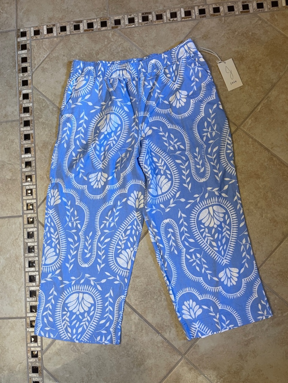 Joie Blue Paisley Cropped Pull-On Linen Pants XL